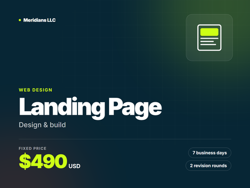 Landing Page package by Meridians LLC: fixed price $490 USD, 7 business days, 2 revision rounds
